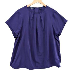 Lands End Keyhole Blouse Deep Purple Short Sleeve Pleated Back Zip Size 18W